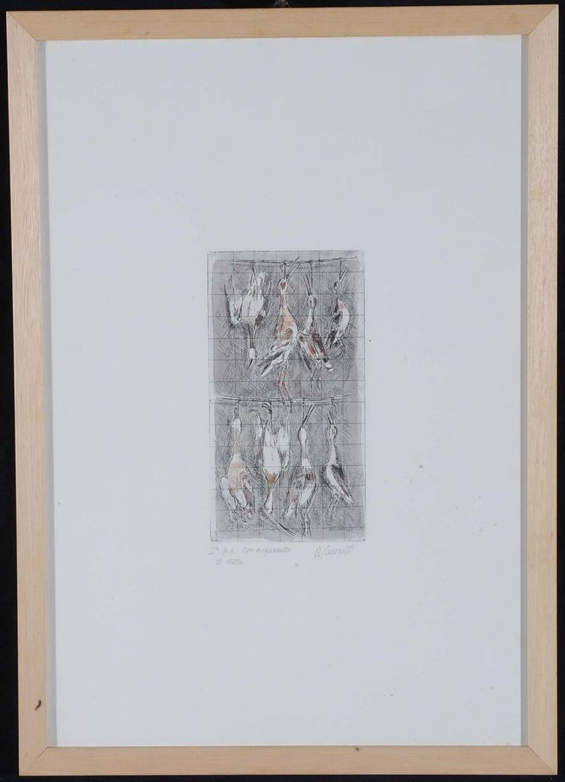 Oscar Saccorotti  (1898-1986) Otto uccelli palustri appesi su due canne, 1979  - Auction Antique and Old Masters - II - Cambi Casa d'Aste