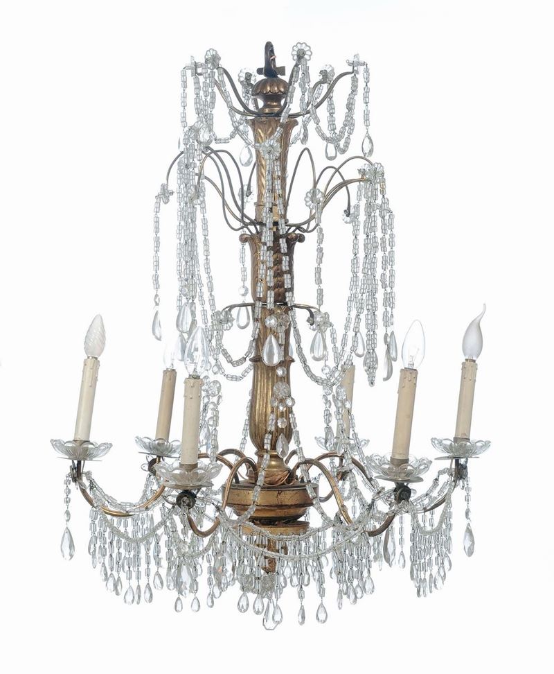 Lampadario Luigi XVI a sei luci in legno intagliato e dorato e cristalli  - Auction An important Genoese Heritage - I - Cambi Casa d'Aste