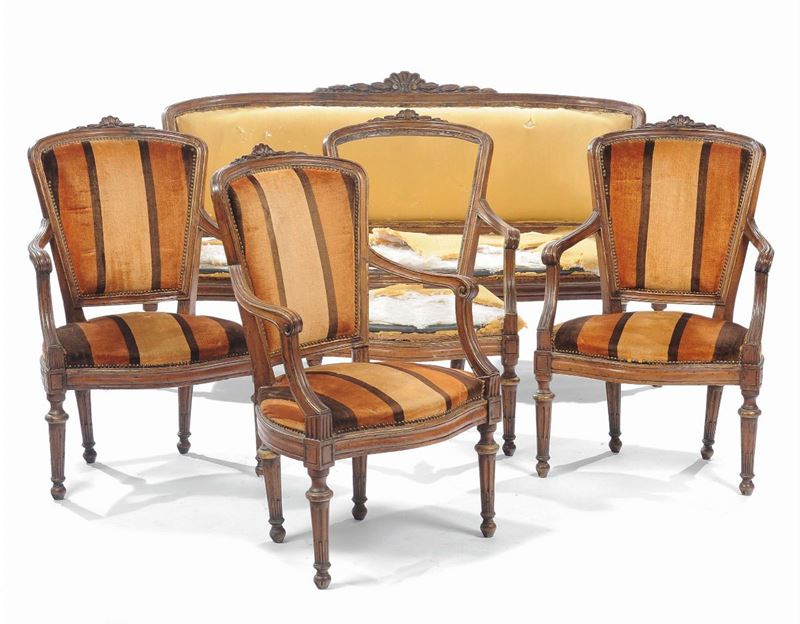 Salotto Luigi XVI composto da quattro poltrone e divano  - Auction Antique and Old Masters - II - Cambi Casa d'Aste