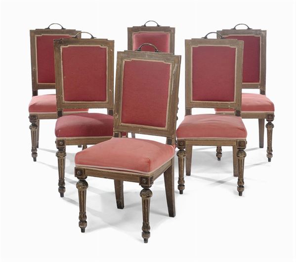 Sei sedie Luigi XVI in legno laccato, XIX secolo