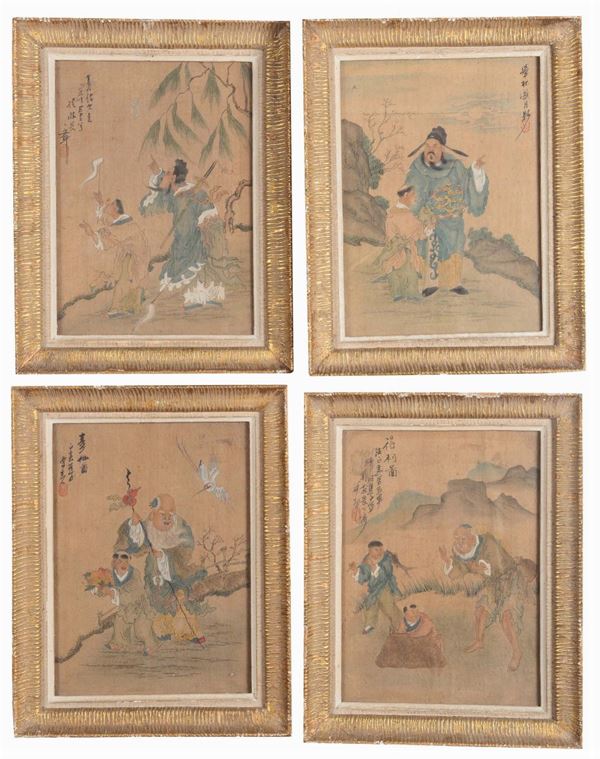 Four small paintings on silk representing people, China, Qing Dynasty, 19th century