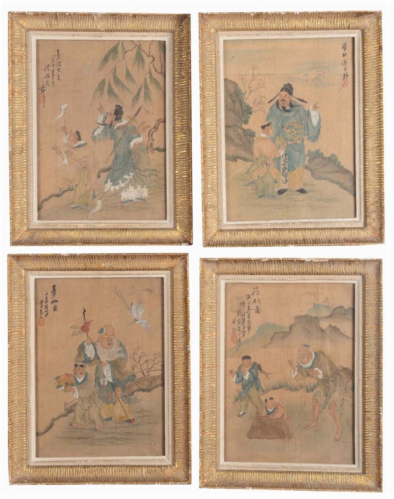 Quattro piccoli dipinti su seta raffiguranti personaggi, Cina, Dinastia Qing, XIX secolo  - Asta Fine Chinese Works of Art - Cambi Casa d'Aste