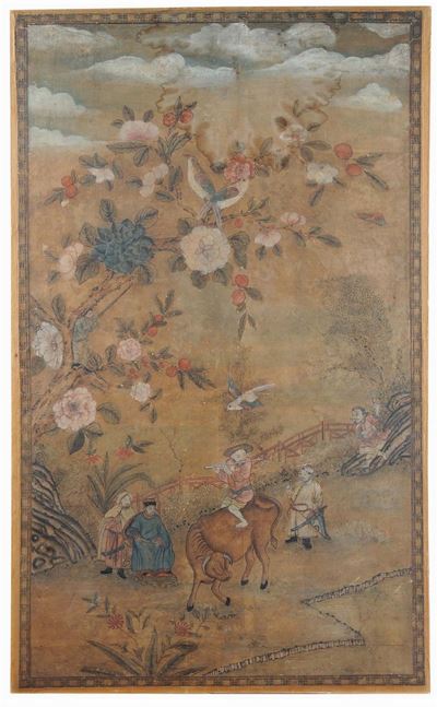 Pannello Dipinto su Carta Raffigurante Personaggi, Cina, Dinastia Qing, XVIII Secolo