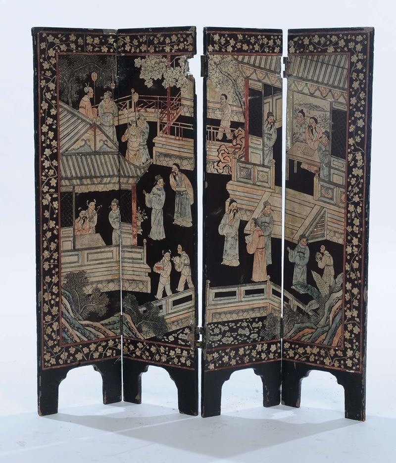 Piccolo paravento Coromandel in legno laccato a chinoiserie su fondo nero, Cina XX secolo  - Asta Fine Chinese Works of Art - Cambi Casa d'Aste