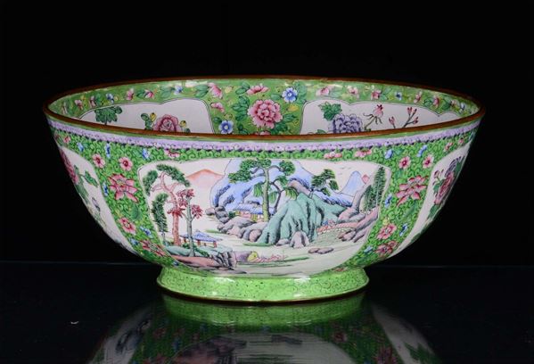 Three enamelled bowls, China 20th century Polychrome floral and landscape decoration
