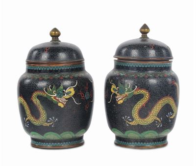 Coppia di Vasetti Cloisonnè Decorati con Draghi