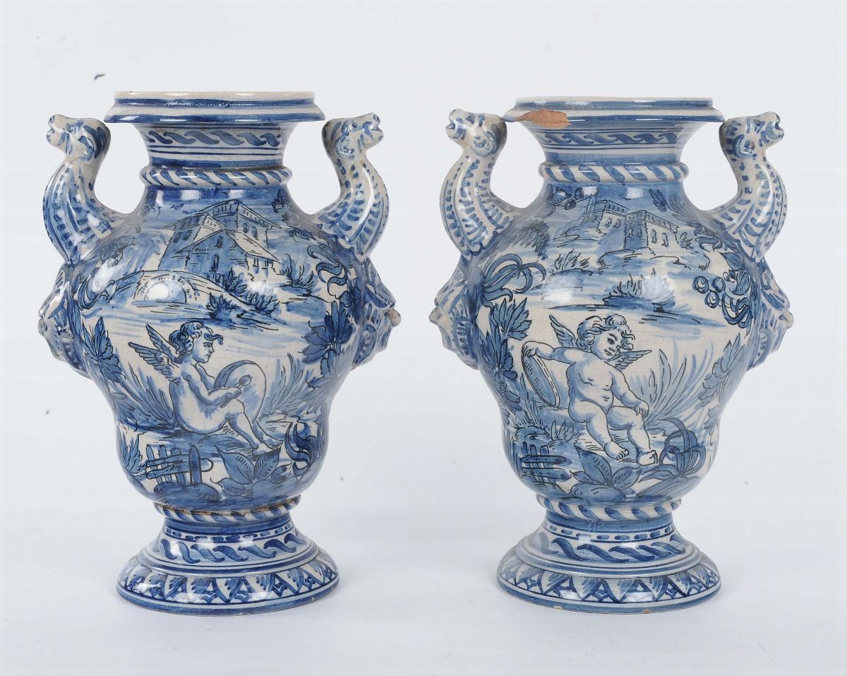 Coppia di Due Idrie in Maiolica, Marca Lanterna, Savona XX Secolo