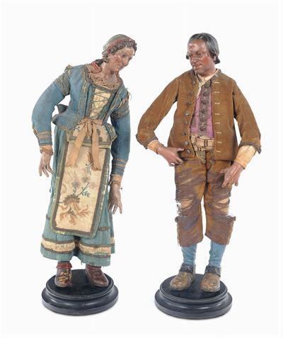 Coppia di Statue da Presepe Raffiguranti Contadini, Napoli XVIII Secolo