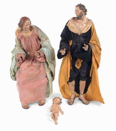 Coppia di Statue da Presepe Raffiguranti Maria e S.giuseppe con Gesù Bambino, Napoli