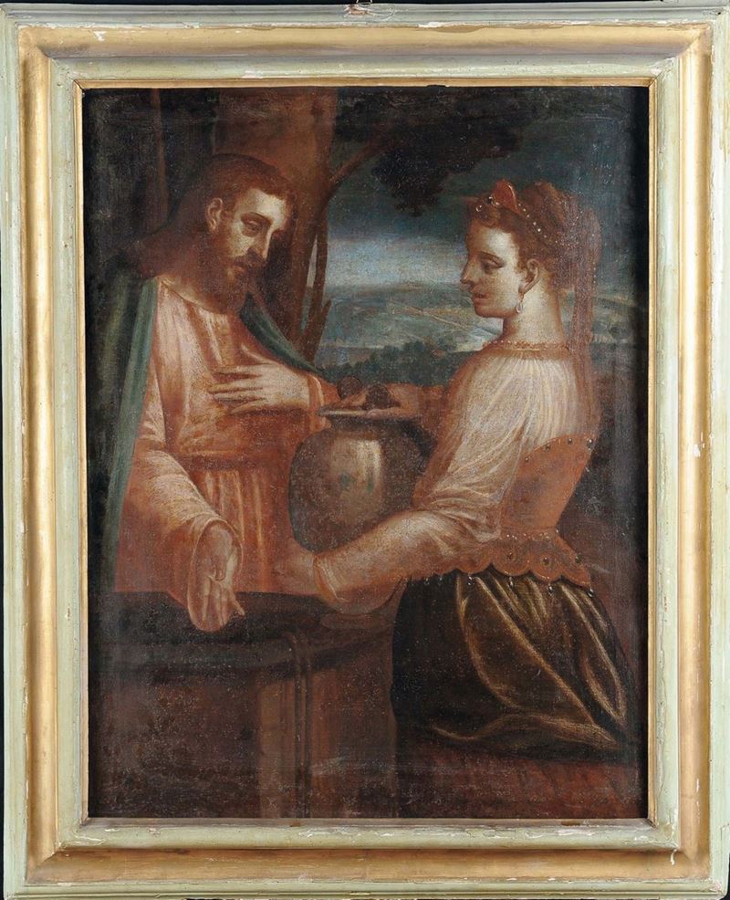 Luca Cambiaso (Moneglia 1527 - San Lorenzo de El Escorial 1585), scuola di Samaritana al pozzo  - Asta Dipinti Antichi - Cambi Casa d'Aste