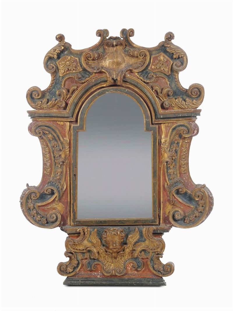 Specchiera tabernacolo in legno intagliato e laccato,Sicilia XVIII secolo  - Auction Antique and Old Masters - II - Cambi Casa d'Aste
