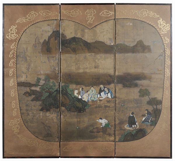 A three-shutter screen, China, Qing Dynasty, 18th century. Polychrome decoration with figures and landscapes
