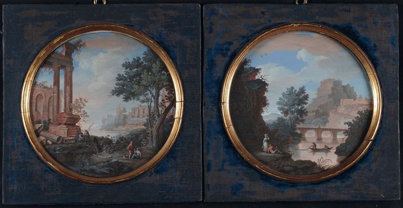 Scuola del XVIII secolo Paesaggi con rovine e personaggi  - Asta Antiquariato e Dipinti Antichi - II - Cambi Casa d'Aste