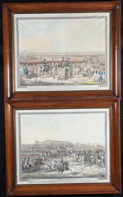Coppia di Stampe Scene Militari in Cornice Impero