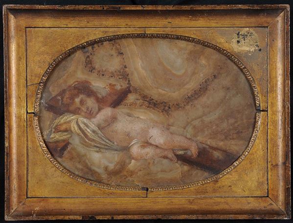 Dipinto su alabastro raffigurante Bambino dormiente con la croce, XVIII secolo