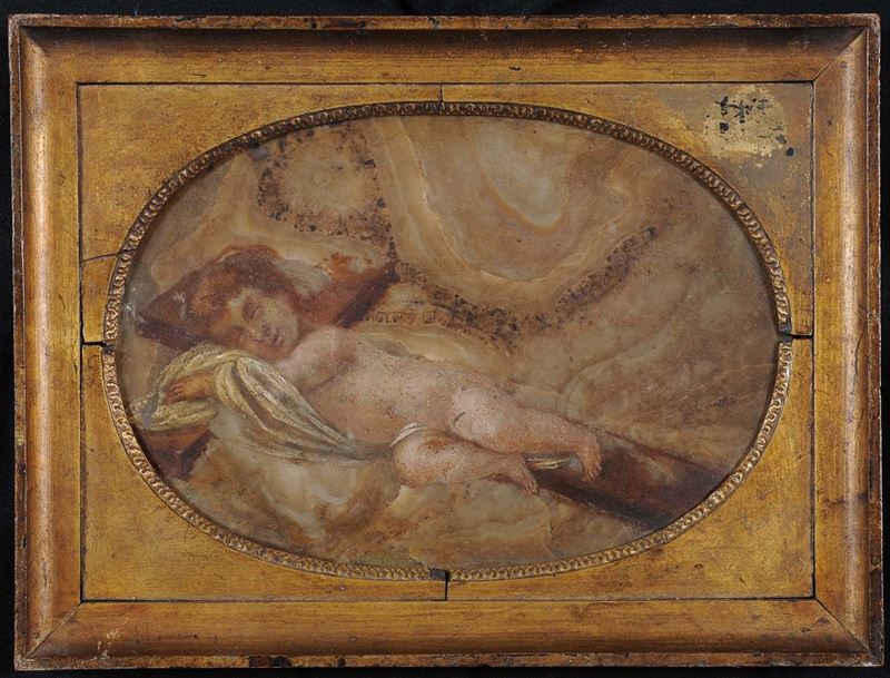 Dipinto su alabastro raffigurante Bambino dormiente con la croce, XVIII secolo  - Auction Antique and Old Masters - II - Cambi Casa d'Aste