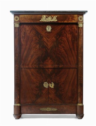 Secretaire Impero Lastronato in Piuma di Mogano, XIX Secolo