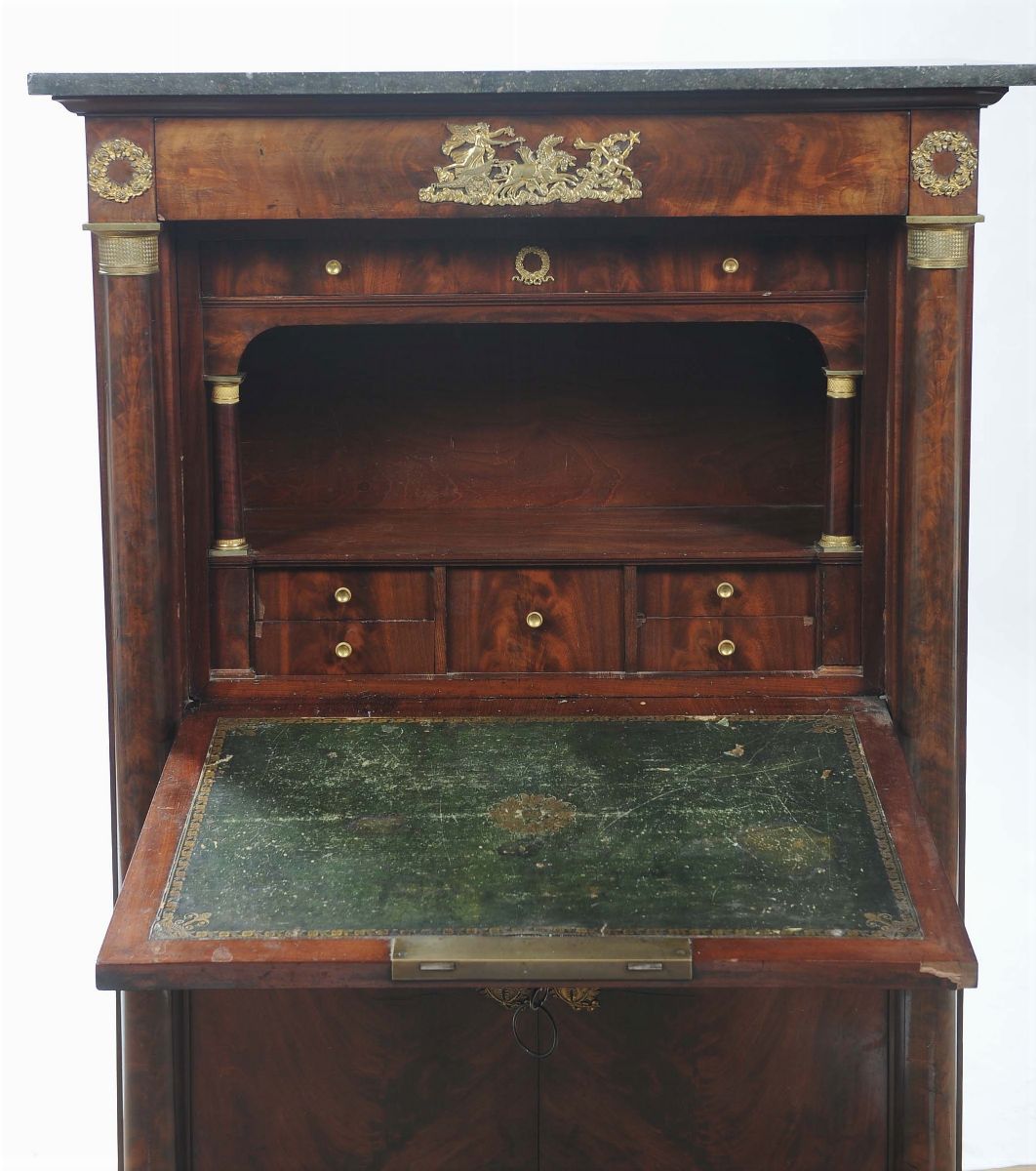 Secretaire Impero Lastronato in Piuma di Mogano, XIX Secolo
