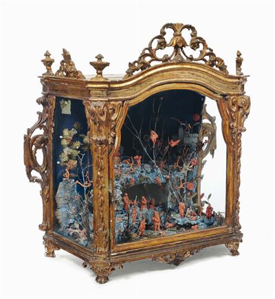 Presepe in Corallo Entro Teca in Legno Intagliato e Dorato, Sicilia XVIII Secolo