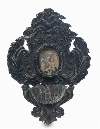 Piccola Acquasantiera in Lamina D’argento con Coppetta Applicata, Genova XVIII Secolo