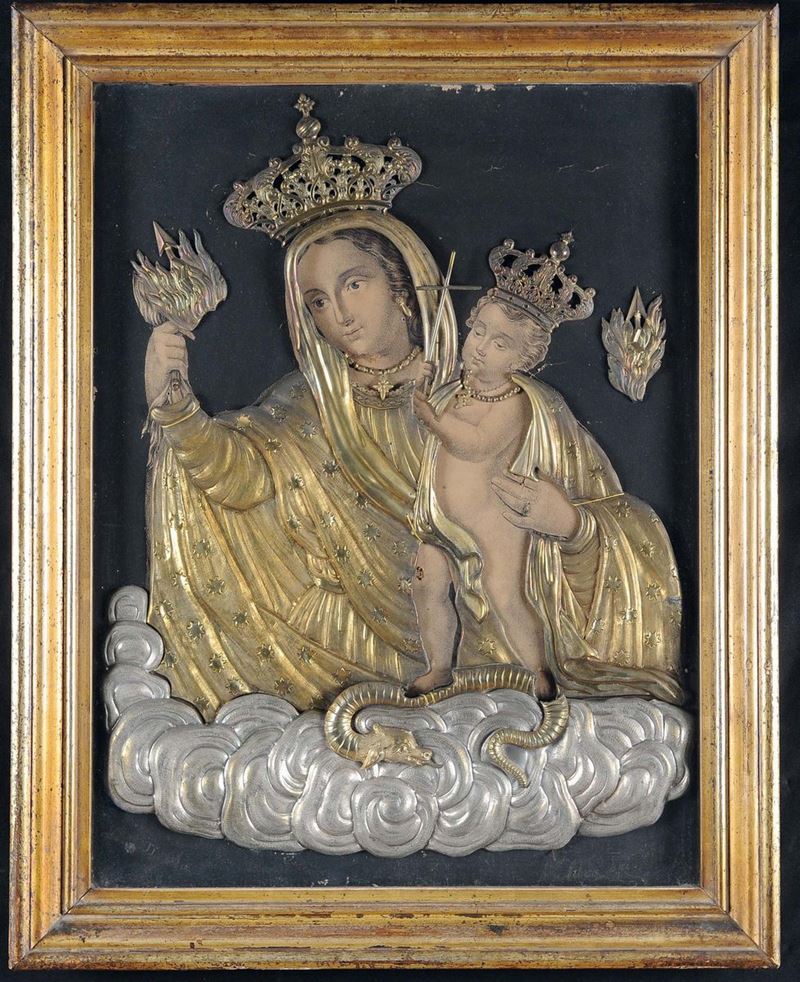 Litografia raffigurante Madonna con Bambino con riza in metallo argentato  - Auction An important Genoese Heritage - I - Cambi Casa d'Aste