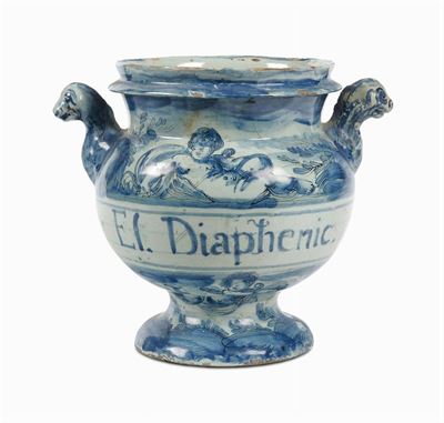 Vaso da Farmacia con Decoro Bianco e Blu, Savona XVIII Secolo