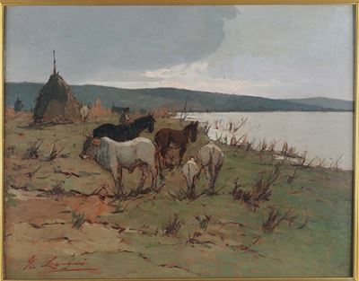 Giovanni Lomi (1889-1969)buttero con Animali