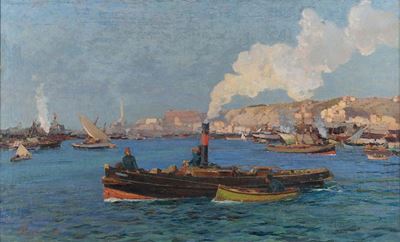 Andrea Figari (1858-1945)veduta del Porto di Genova con Rimorchiatori
