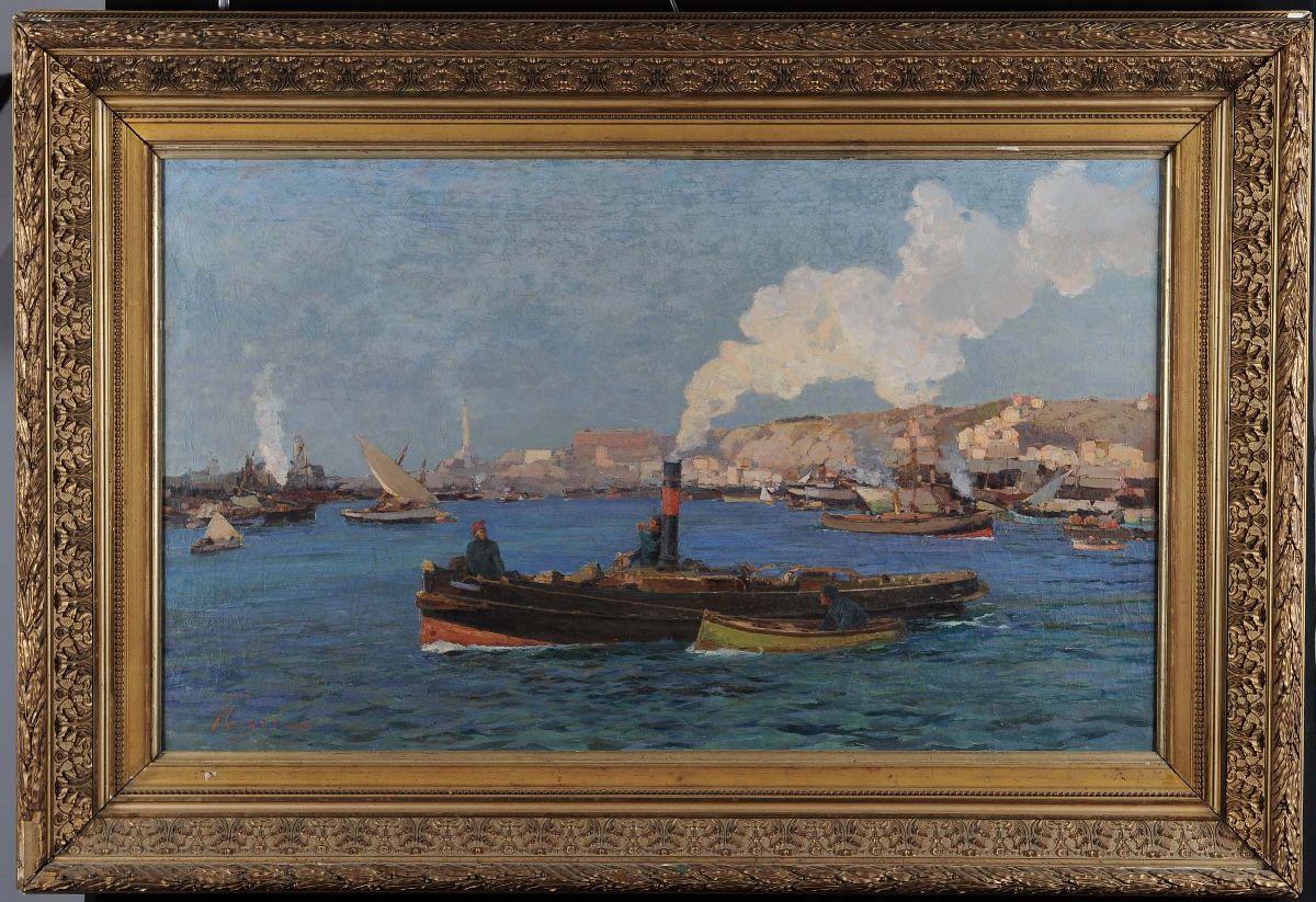Andrea Figari (1858-1945)veduta del Porto di Genova con Rimorchiatori