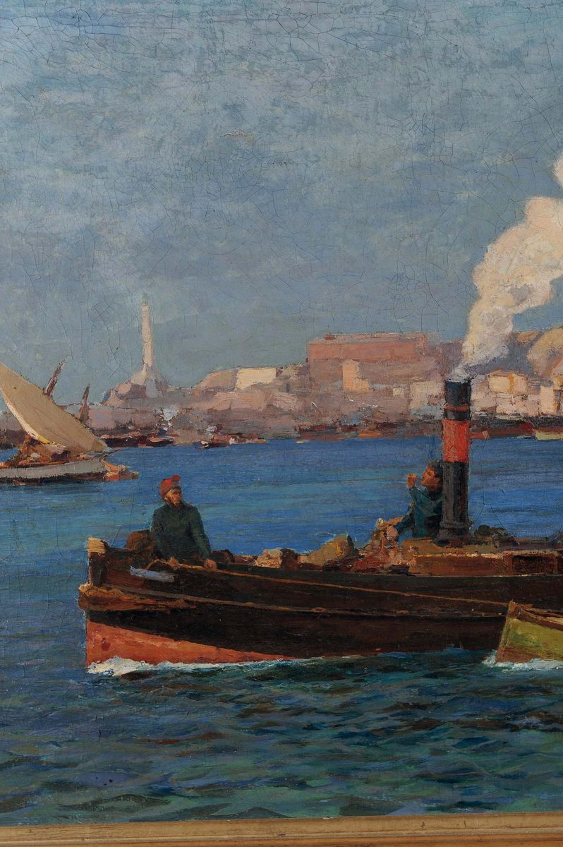 Andrea Figari (1858-1945)veduta del Porto di Genova con Rimorchiatori