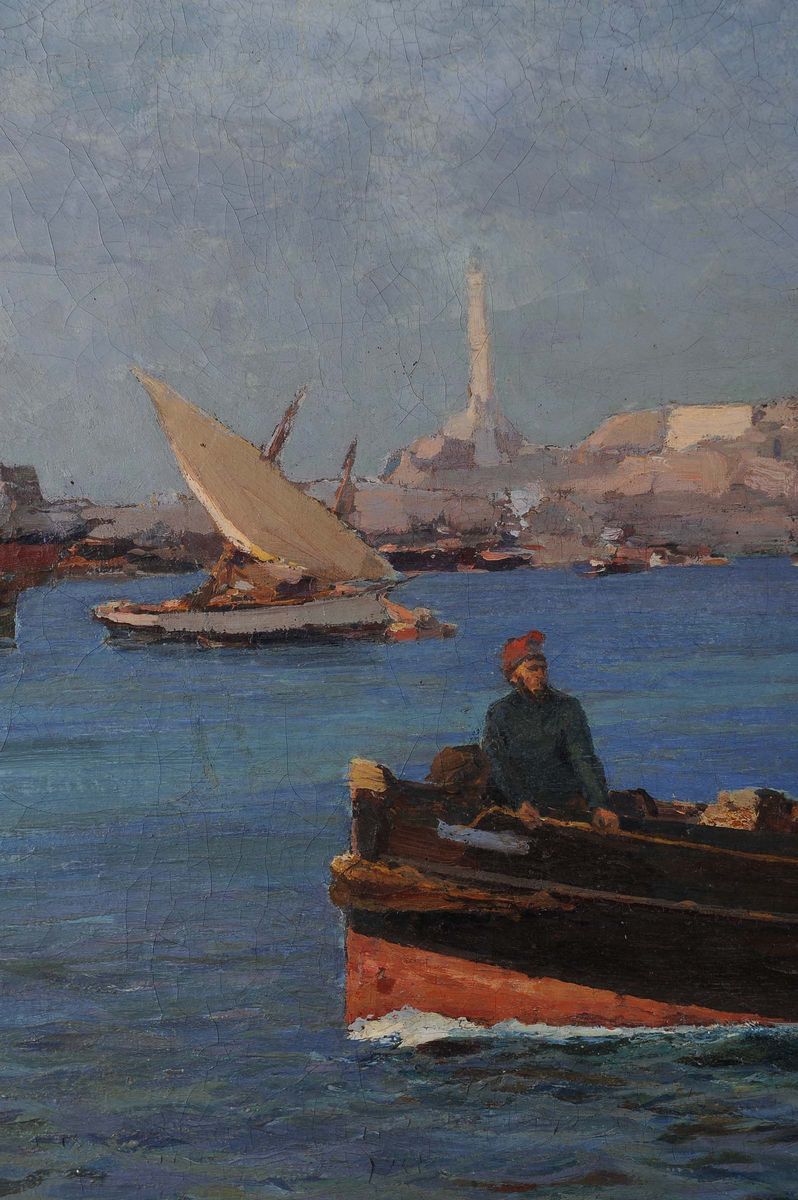 Andrea Figari (1858-1945)veduta del Porto di Genova con Rimorchiatori