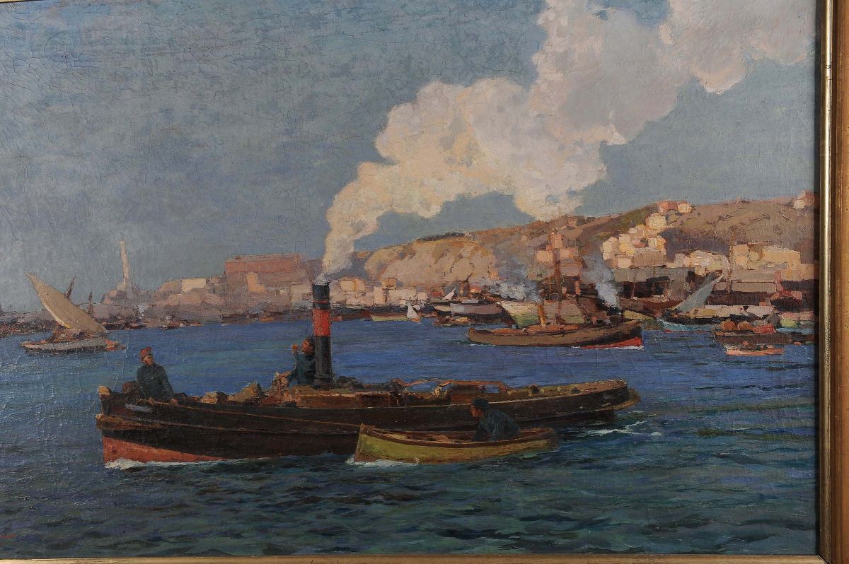 Andrea Figari (1858-1945)veduta del Porto di Genova con Rimorchiatori