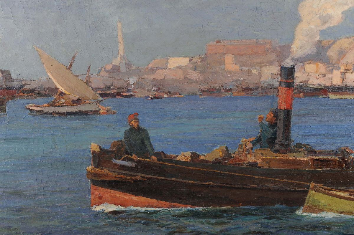 Andrea Figari (1858-1945)veduta del Porto di Genova con Rimorchiatori
