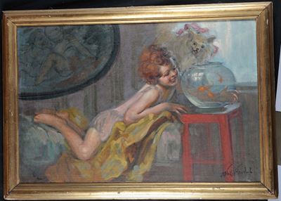 Mattia Traverso (1885-1956)bimba con Pesci Rossi e Cagnolino
