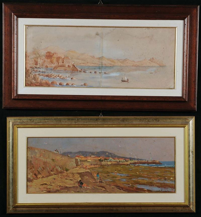 Due dipinti orizzontali con vedute costiere  - Asta Eredità Emilio Bruzzone - I - Cambi Casa d'Aste