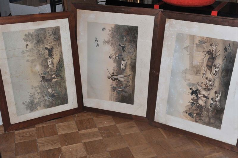Sette stampe acquerellate con scene di caccia  - Auction An important Genoese Heritage - I - Cambi Casa d'Aste