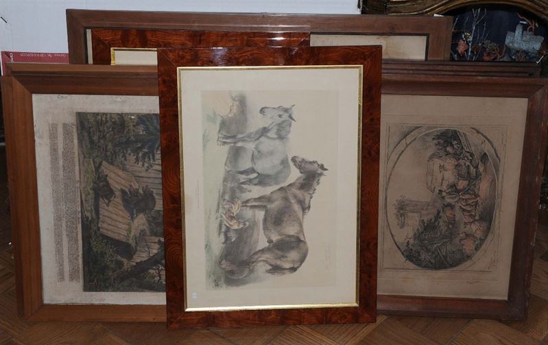 Insieme di stampe raffiguranti cavalli, scene di caccia e figure  - Auction An important Genoese Heritage - I - Cambi Casa d'Aste