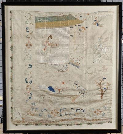 Pannello in Seta Ricamata con Scena Orientale