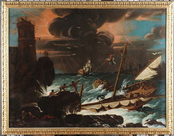 Scuola del XVIII secolo Marine con naufragi