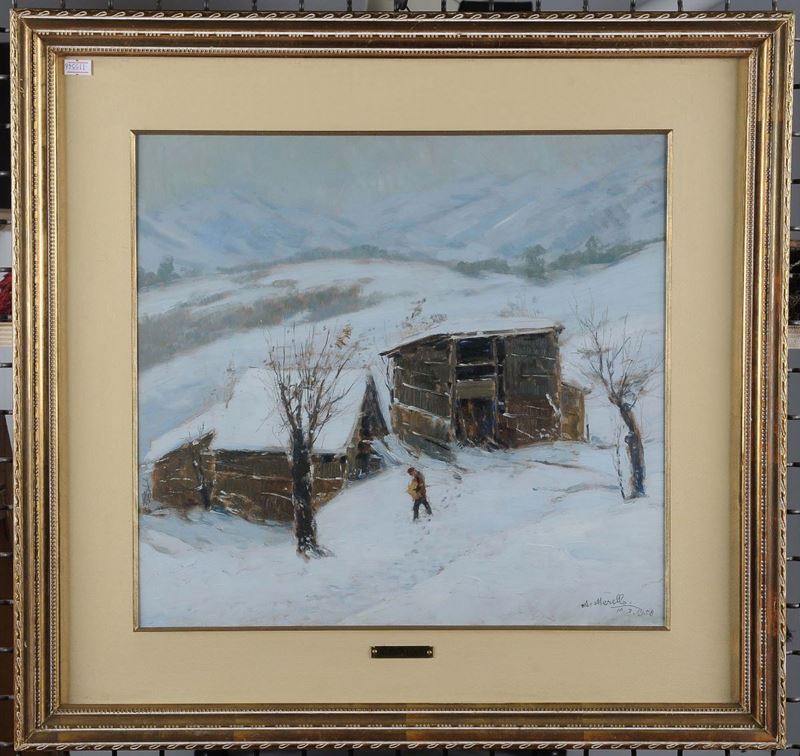 Amedeo Merello  (1890 - 1979) Capanne sotto la neve, 1958  - Asta Antiquariato e Dipinti Antichi - II - Cambi Casa d'Aste