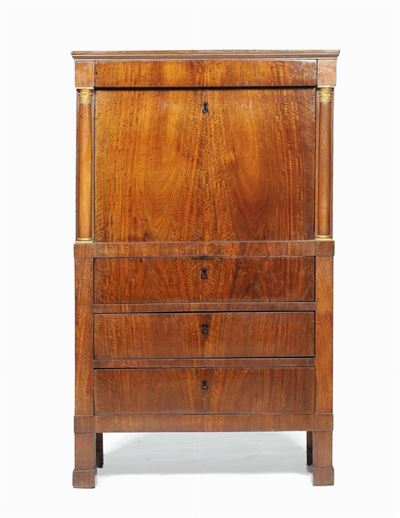 Secretaire Impero Lastronato in Noce con Colonne e Capitelli in Legno Dorato, Lucca XIX Secolo