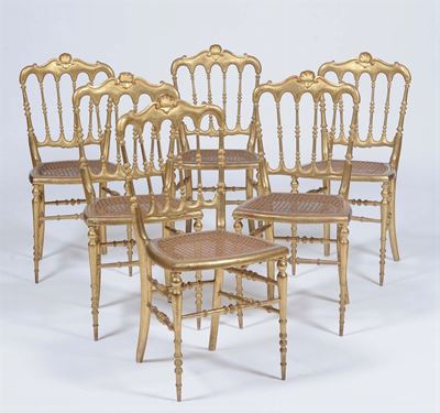 Sei Sedie Chiavarine in Legno Dorato, XIX Secolo