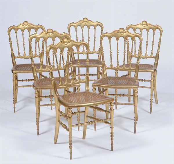 Sei sedie chiavarine in legno dorato, XIX secolo