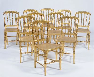 Dieci Sedie Tipo Chiavarine in Legno Dorato, XX Secolo