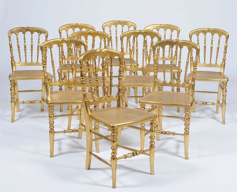 Dieci sedie tipo chiavarine in legno dorato, XX secolo  - Auction Antique and Old Masters - II - Cambi Casa d'Aste