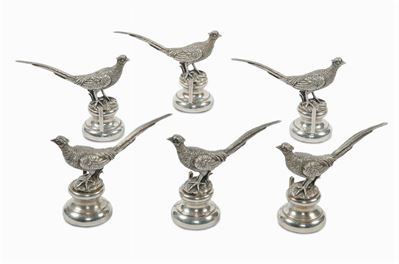 Sei Segnaposto in Argento Raffiguranti Fagiani, Argentiere Miracoli XX Secolo