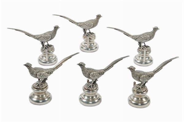Sei segnaposto in argento raffiguranti fagiani, Argentiere Miracoli XX secolo
