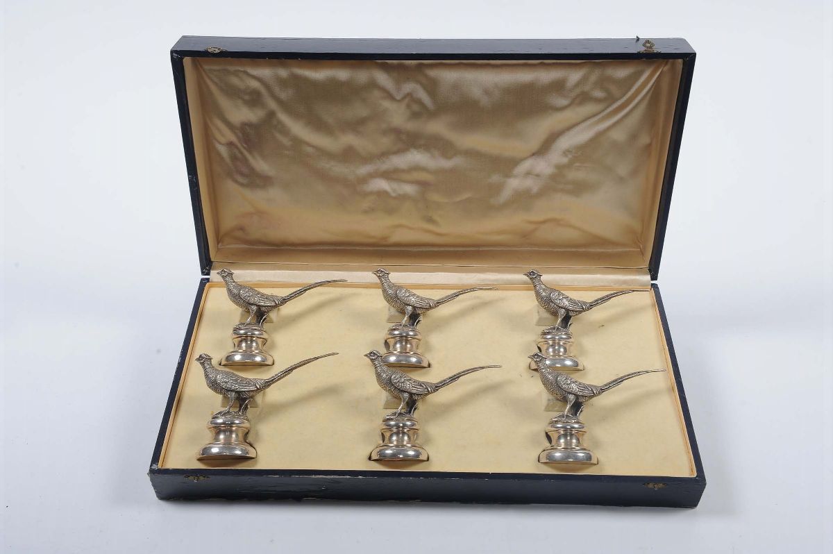 Sei Segnaposto in Argento Raffiguranti Fagiani, Argentiere Miracoli XX Secolo