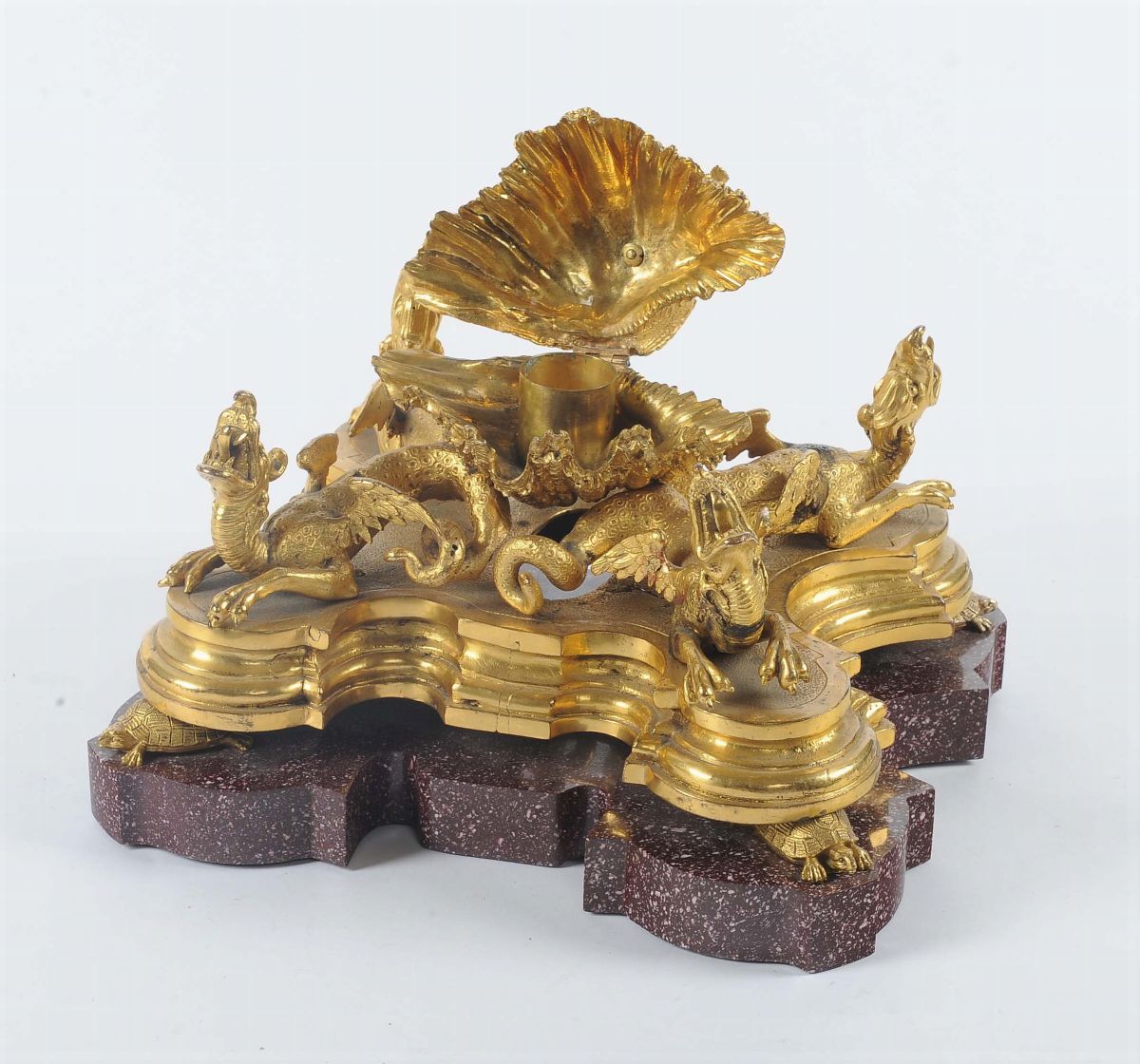 Calamaio in Bronzo Dorato Poggiante su Base in Porfido Rosso Roma XVIII-XIX Secolo