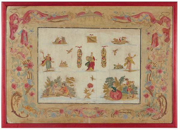 Coppia di pannelli con raffigurazione di scene di genere alla maniera del Remondini, Venezia XVIII secolo